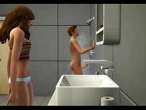 Hermanastra entra al baño cuando su hermanastro se esta dando una ducha y lo ayuda a masturbarse y terminan follando